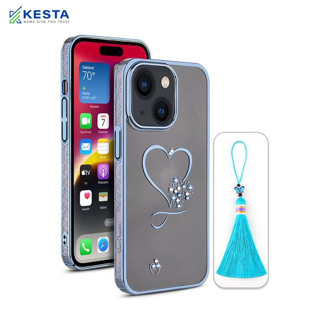 iPhone 15 Cover - Bling Heart Blue Transparent Case (Unique Frame Pattern)