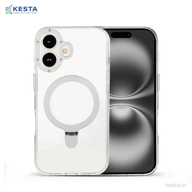 iPhone 16 cover - Crystal Bracket Magnetic Silver Transparent Case (Built-in Bracket Stand Strong Magnetic Ring)