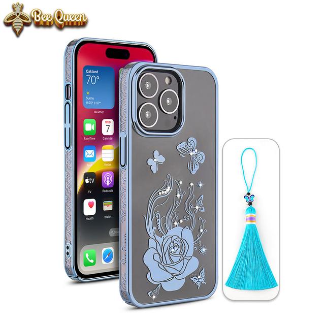 iPhone 14 Pro Max Bling Flower Blue Case