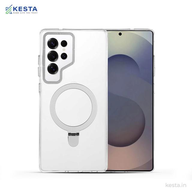 Samsung S25 Ultra cover - Crystal Bracket Magnetic Silver Transparent Case (Built-in Bracket Stand Strong Magnetic Ring)