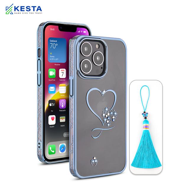 iPhone 13 Pro Max Cover - Bling Heart Blue Transparent Case (Unique Frame Pattern)