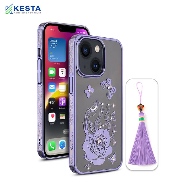 iPhone 14 Plus Cover - Bling Flower Purple Transparent Case (Diamond Ornament)