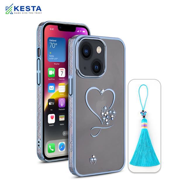 iPhone 14 Plus Cover - Bling Heart Blue Transparent Case (Unique Frame Pattern)