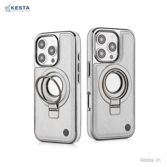iPhone 16 Pro Cover - Classy Elite Gray Leather Case (Built-In Magnetic Ring Holder)