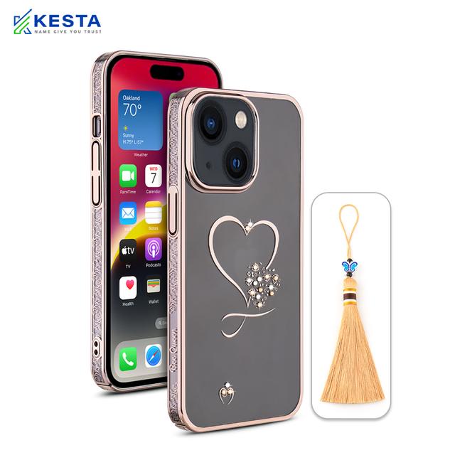 iPhone 15 Plus Cover - Bling Heart Cloud Gold Transparent Case (Unique Frame Pattern)