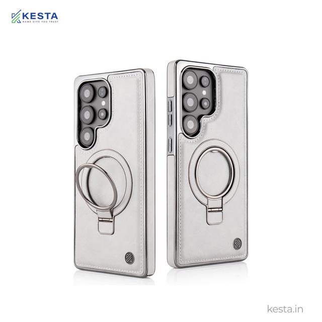 Samsung S25 Ultra Cover - Classy Elite Gray Leather Case (Built-In Magnetic Ring Holder)