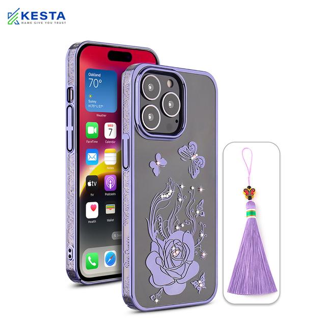 iPhone 14 Pro Max Cover - Bling Flower Purple Transparent Case (Unique Design)