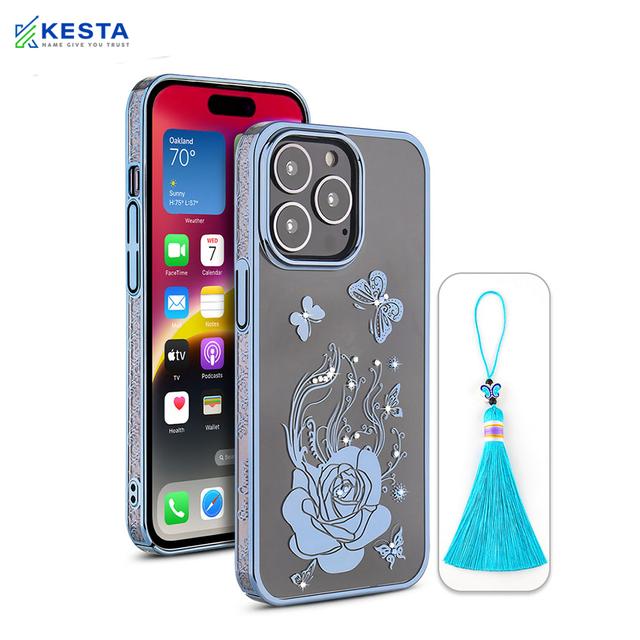 iPhone 14 Pro Max Cover - Bling Flower Blue Transparent Case (Unique Design)