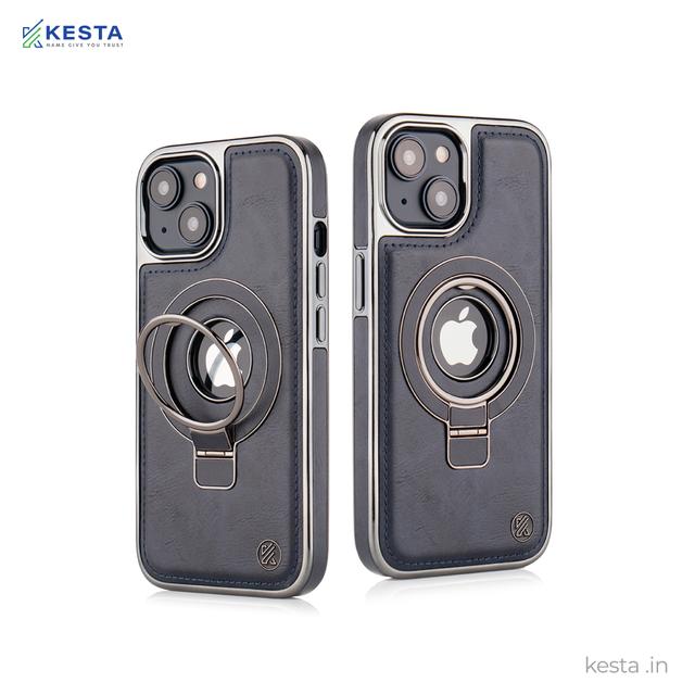 iPhone 15 Cover - Classy Elite Blue Leather Case (Built-In Magnetic Ring Holder)