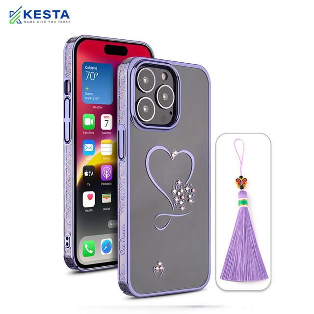 iPhone 14 Pro Cover - Bling Heart Purple Transparent Case (Unique Frame Pattern)