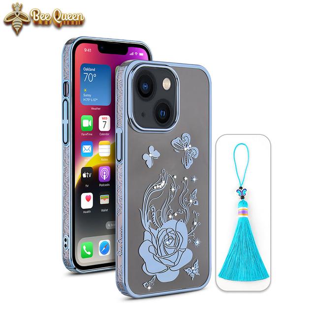 iPhone 13 Cover - Bling Flower Blue Transparent Case (Stylish And Fashion Forward)