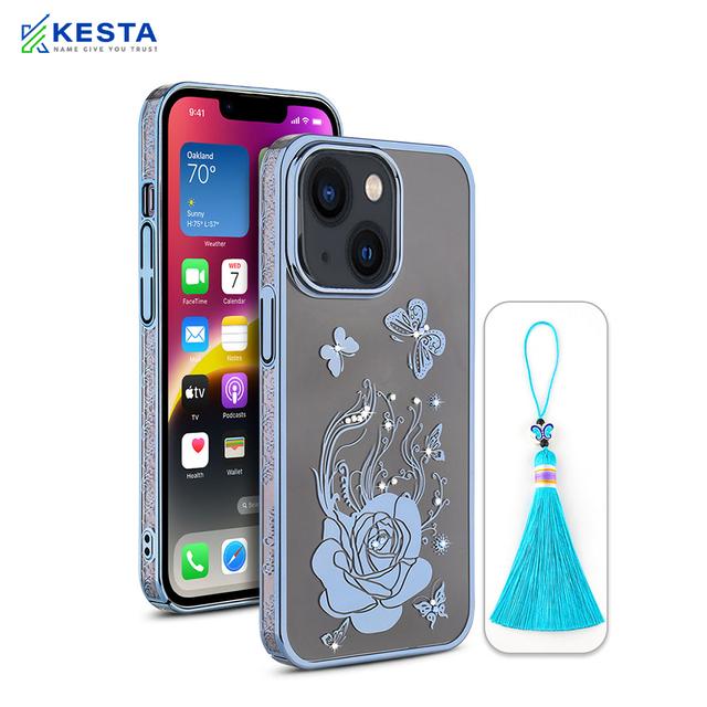 iPhone 14 Cover - Bling Flower Blue Transparent Case (Unique Design)