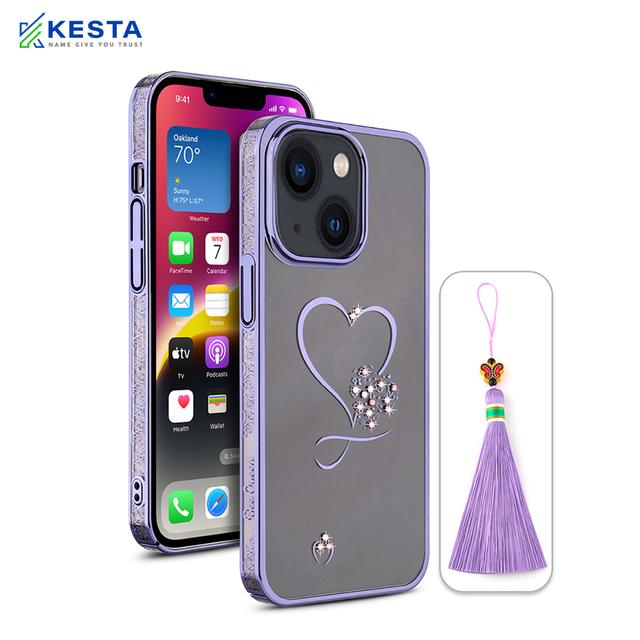 iPhone 14 Plus Cover - Bling Heart Purple Transparent Case (Unique Frame Pattern)