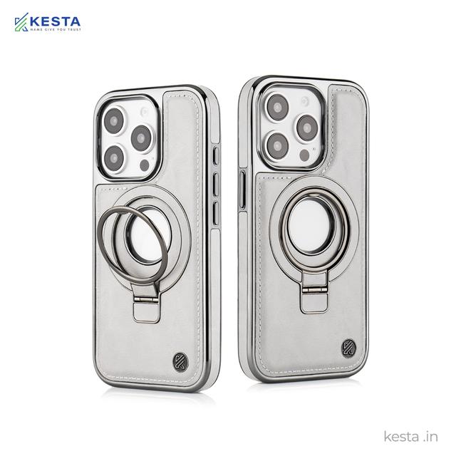 iPhone 15 Pro Max Cover - Classy Elite Gray Leather Case (Built-In Magnetic Ring Holder)