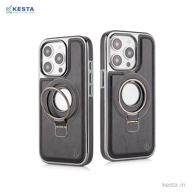 iPhone 15 Pro Max Cover - Classy Elite Black Leather Case (Built-In Magnetic Ring Holder)