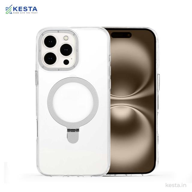 iPhone 16 Pro Max cover - Crystal Bracket Magnetic Silver Transparent Case (Built-in Bracket Stand Strong Magnetic Ring)