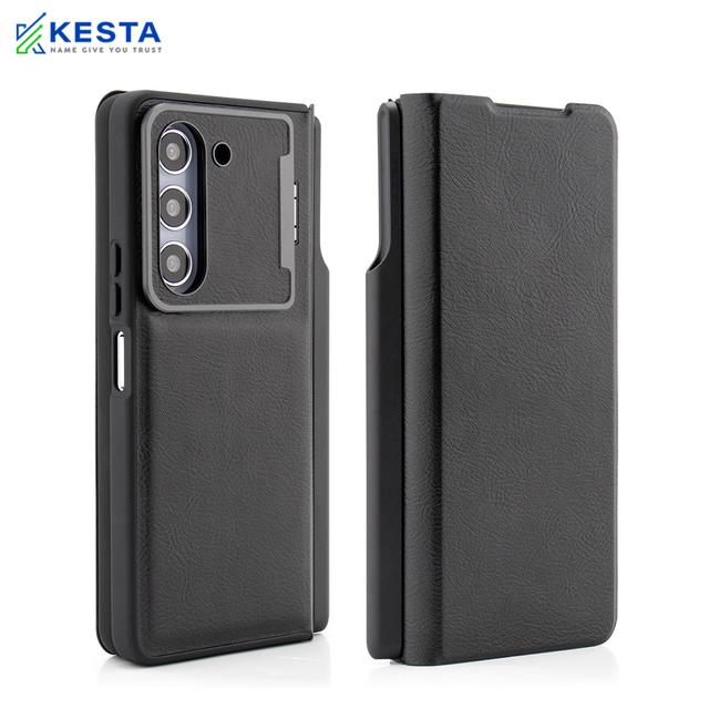 Samsung Z Fold 4 Cover - Elegant Flip Black Leather Case (With S Pen Holder)