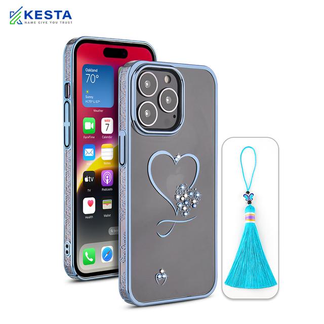 iPhone 14 Pro Max Cover - Bling Heart Blue Transparent Case (Unique Frame Pattern)