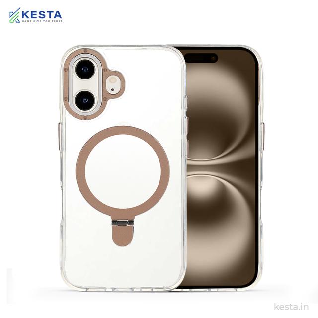 iPhone 16 cover - Crystal Bracket Magnetic Gold Transparent Case (Built-in Bracket Stand Strong Magnetic Ring)