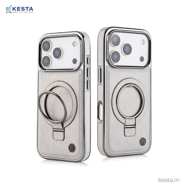 iPhone 17 Pro Max Cover - Classy Elite Grey Leather Case (Built-In Magnetic Ring Holder)