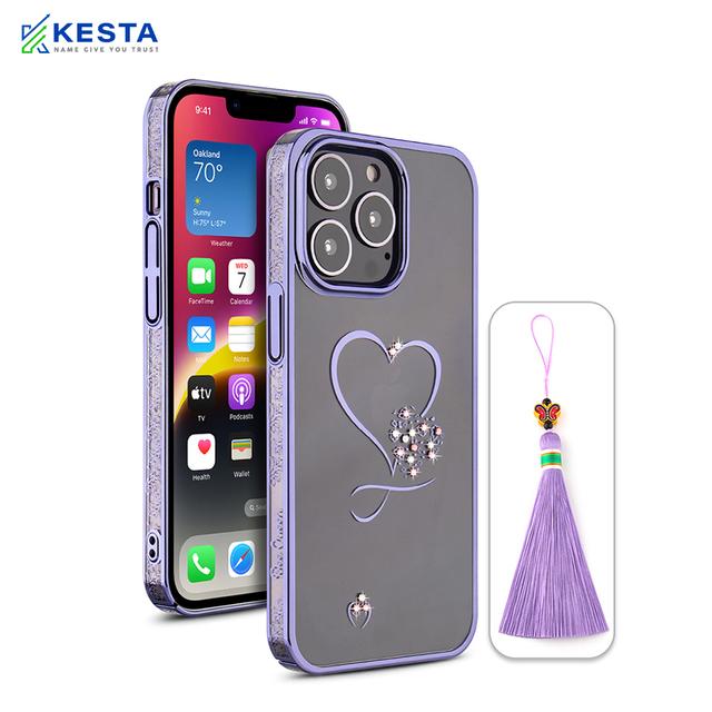 iPhone 13 Pro Max Cover - Bling Heart Purple Transparent Case (Unique Frame Pattern)