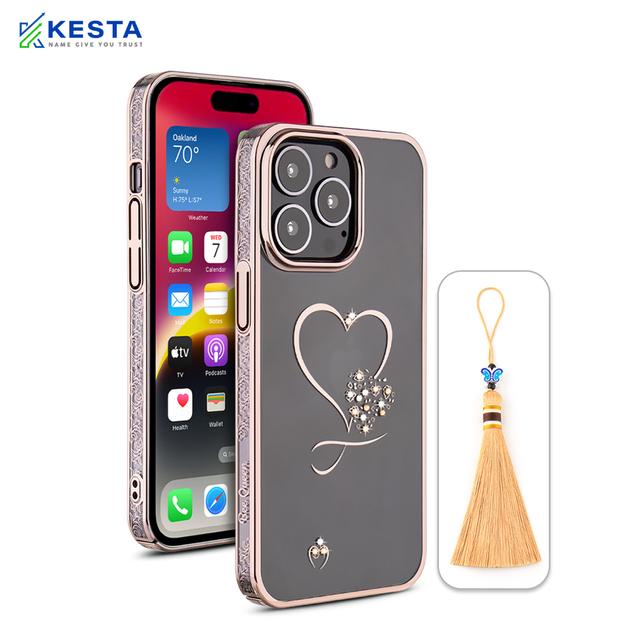iPhone 14 Pro Cover - Bling Heart Cloud Gold Transparent Case (Unique Frame Pattern)