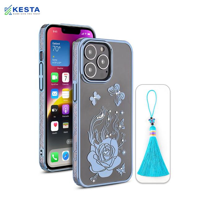 iPhone 13 Pro Cover - Bling Flower Blue Transparent Case (Stylish And Fashion Forward)