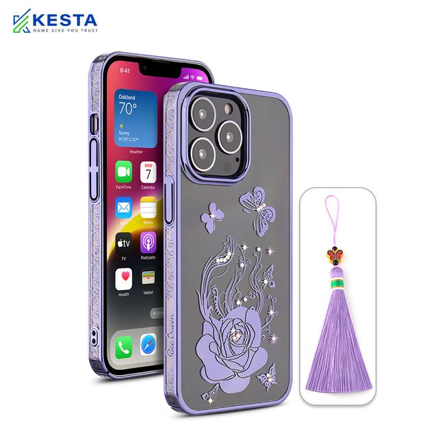 iPhone 13 Pro Cover - Bling Flower Purple Transparent Case (Stylish And Fashion Forward)