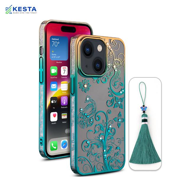 iPhone 14 Cover - Peacock Glitter Green Transparent Diamond Case (Protective Gradient Plating)